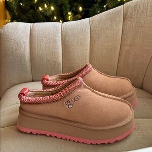 UGG Tan Slippers with Pink Trim
